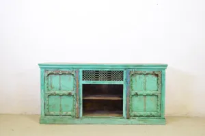 Credenza etnica india porte vecchie in legno massello dipinto verde con griglia originale in ferro battuto 2 ante