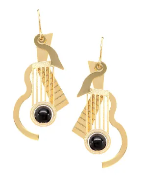 Cubist Guitar Black Glass Bead Earrings - Brass