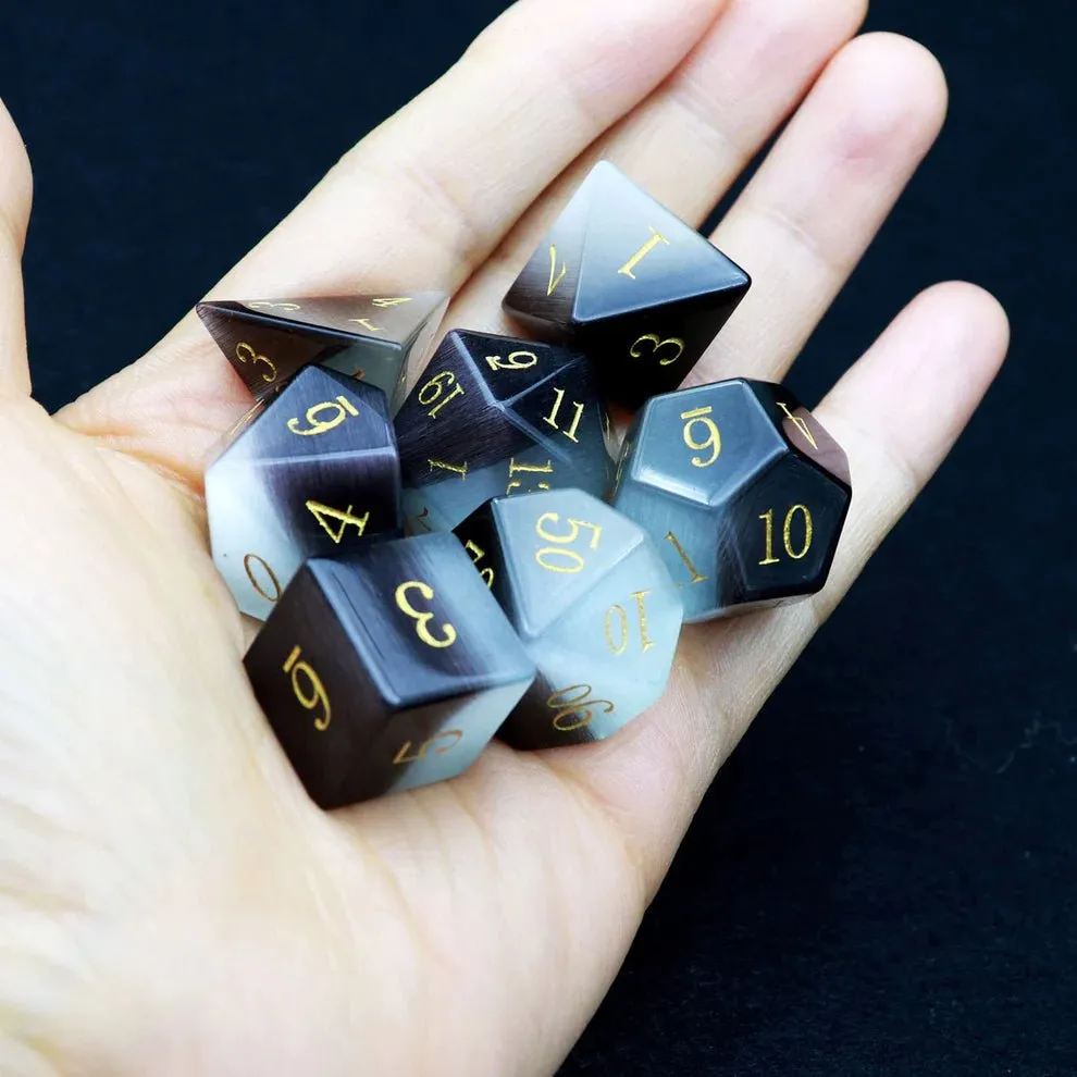 Gemstone: Black White Cat Eye Gold Numbers Dice Set