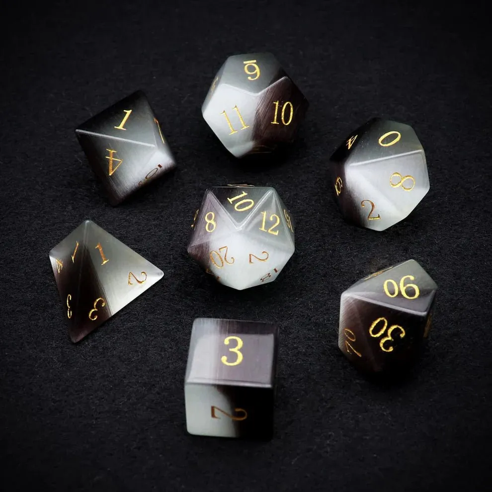 Gemstone: Black White Cat Eye Gold Numbers Dice Set