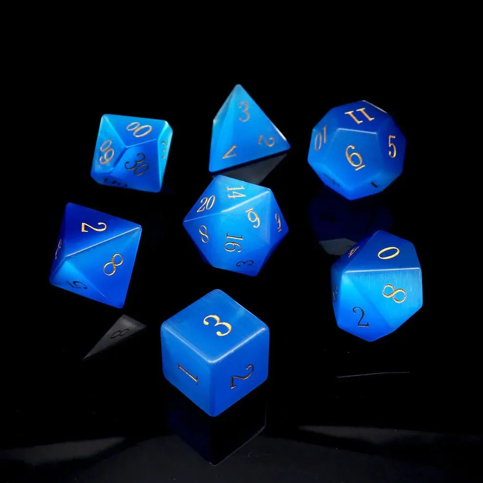 Gemstone: Blue Cat Eye Gold Numbers Dice Set