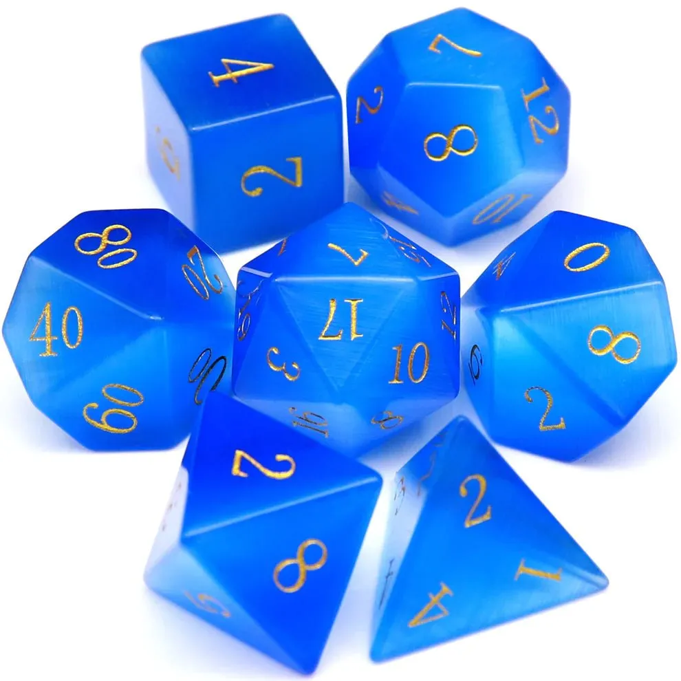 Gemstone: Blue Cat Eye Gold Numbers Dice Set