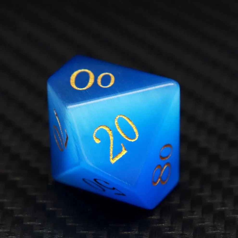 Gemstone: Blue Cat Eye Gold Numbers Dice Set