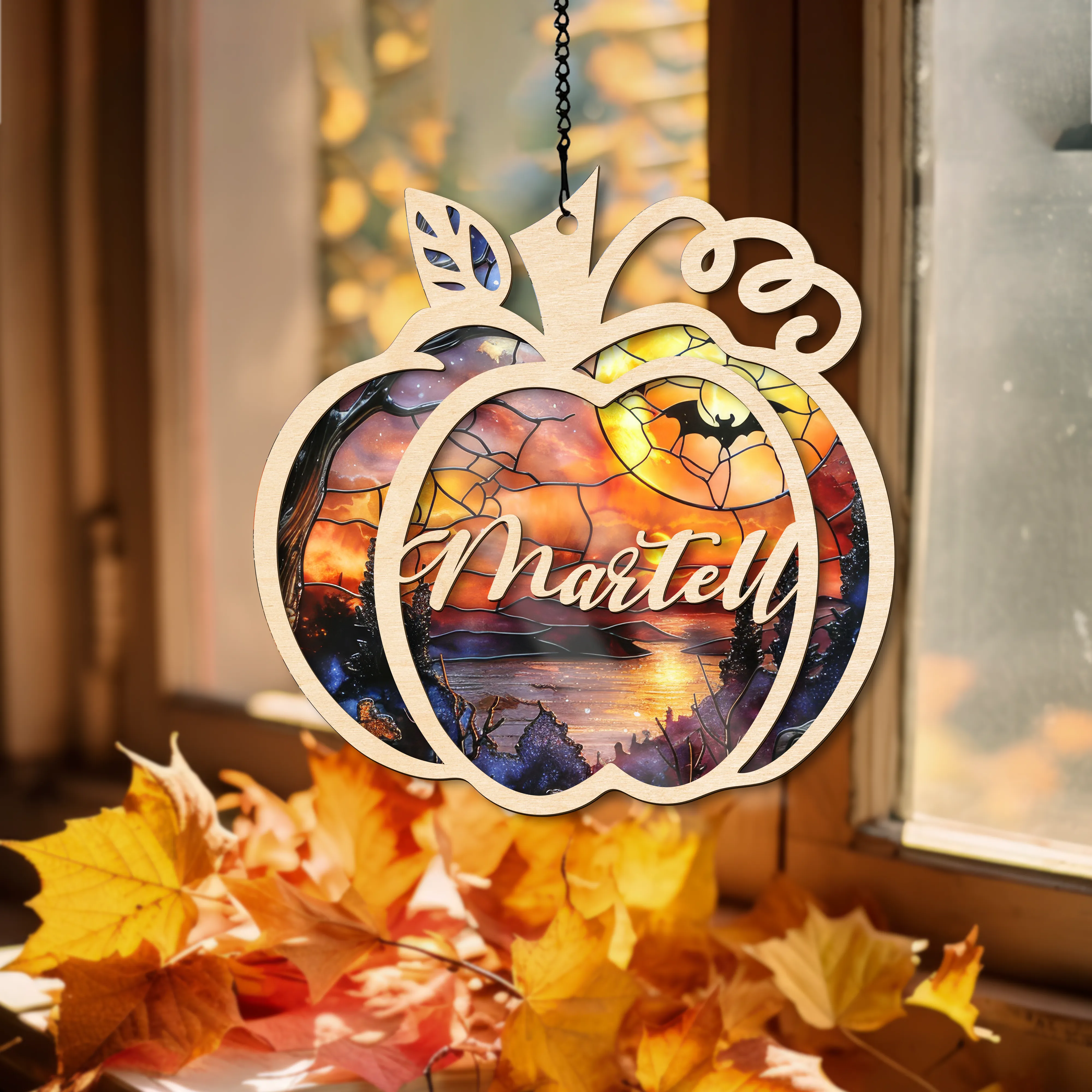 Halloween Stained Glass Window Hangings Decor, Car Mirror Hanging Name Suncatcher for Window Decor SC76