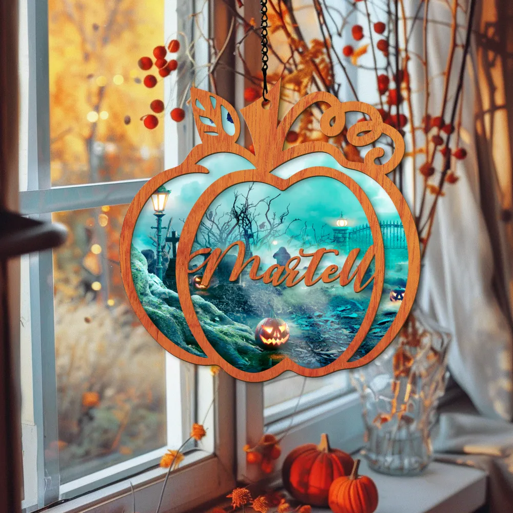 Halloween Stained Glass Window Hangings Decor, Car Mirror Hanging Name Suncatcher for Window Decor SC76