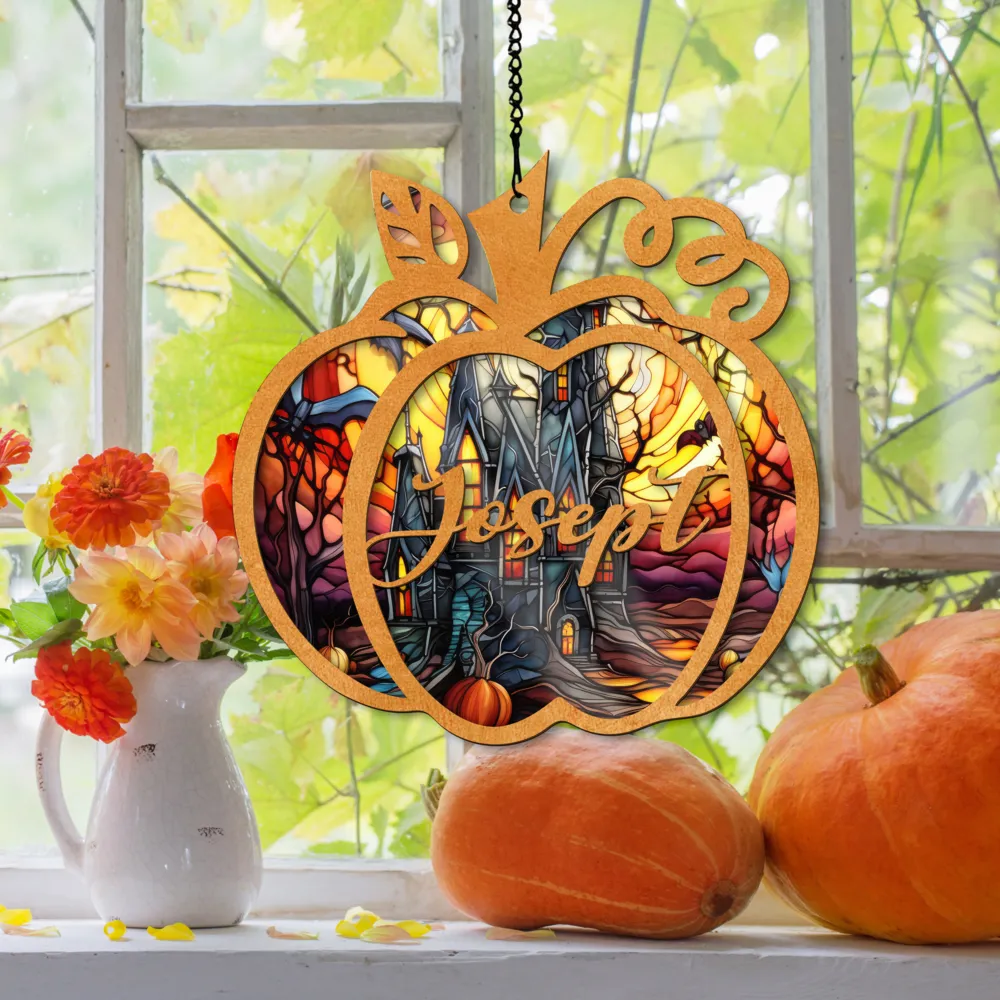 Halloween Stained Glass Window Hangings Decor, Car Mirror Hanging Name Suncatcher for Window Decor SC76