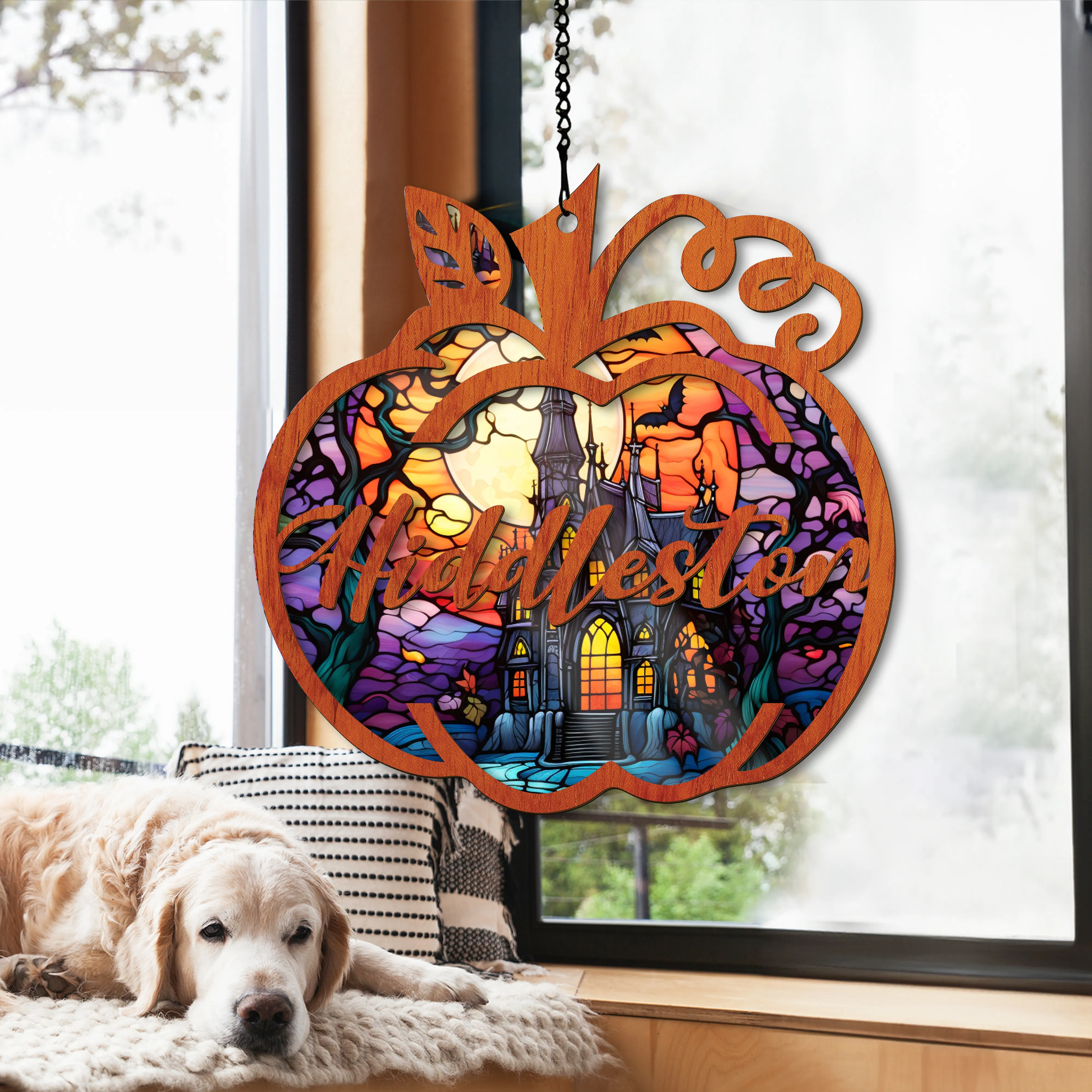 Halloween Stained Glass Window Hangings Decor, Car Mirror Hanging Name Suncatcher for Window Decor SC76