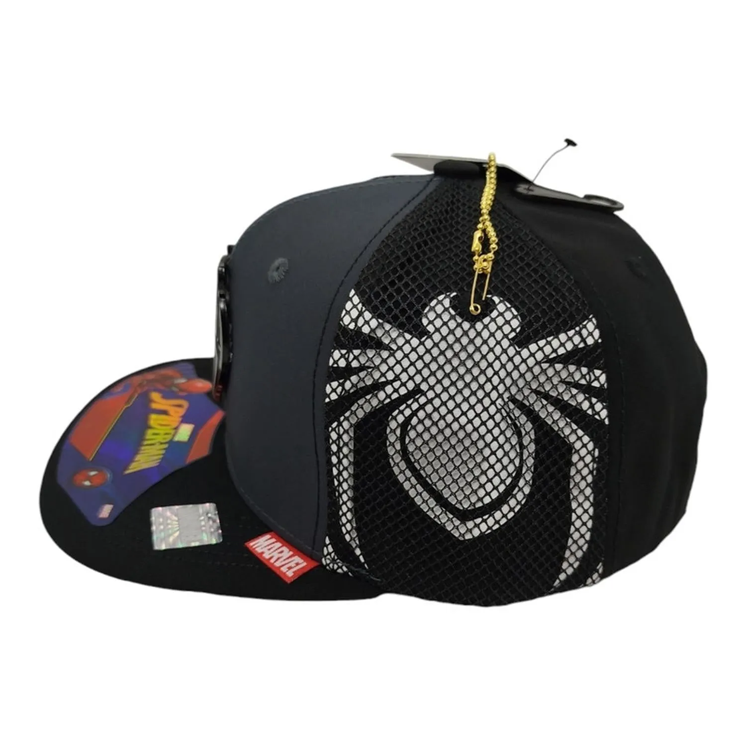 Kndit Caps Gorra Negra Con Gris Maya Negra Placa Plateada Mate Logo Araña Telaraña Spider-Man