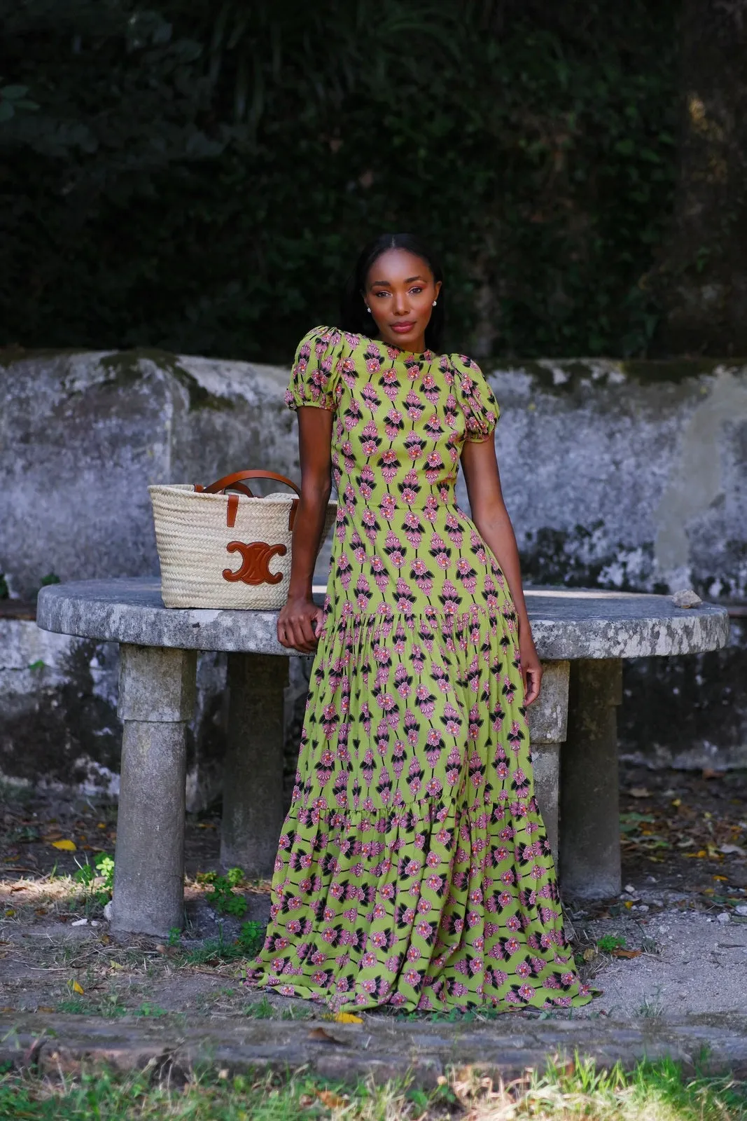 VESTIDO VERDE COMPRIDO COM ESTAMPADO FLORAL