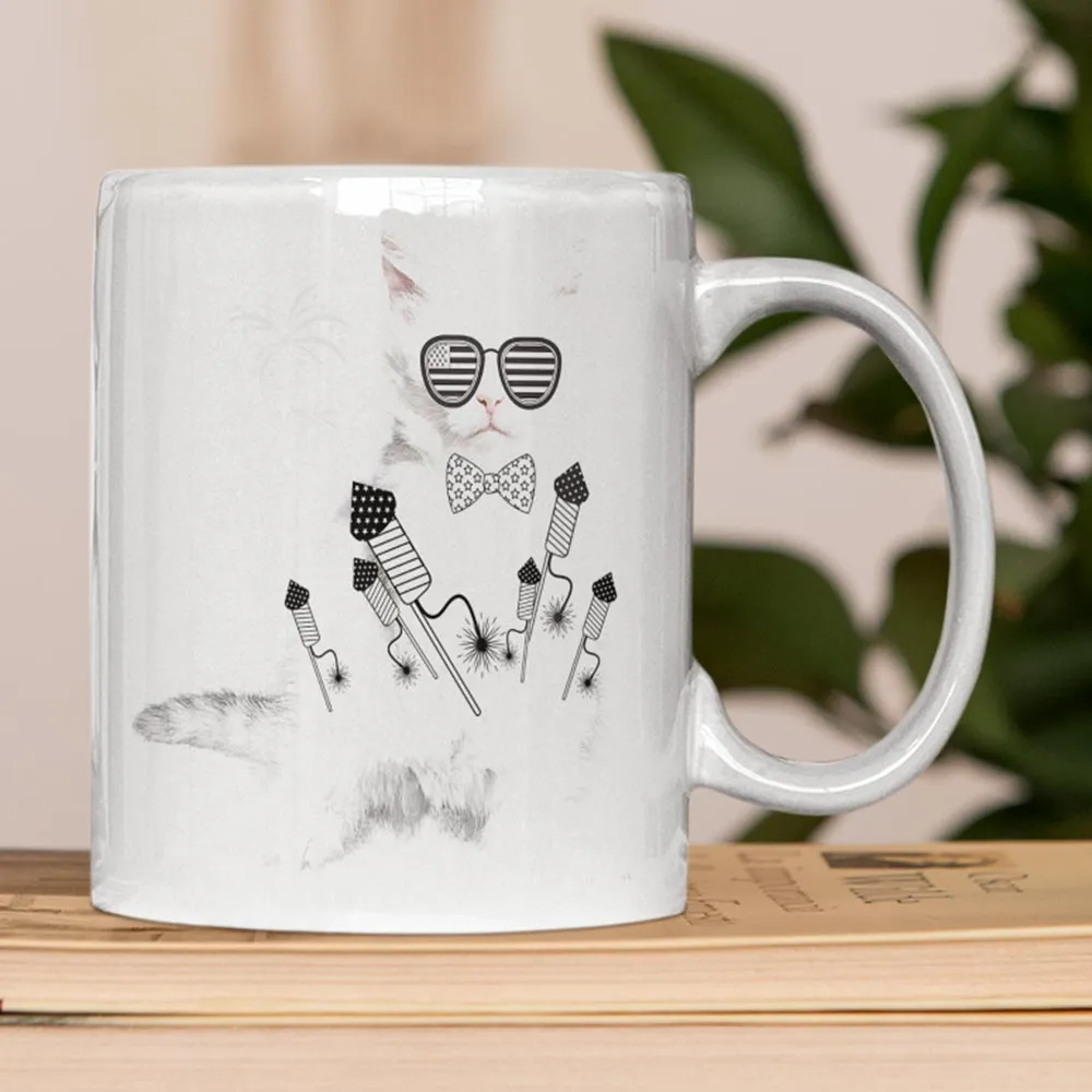 White cat with rocket print coffee mug